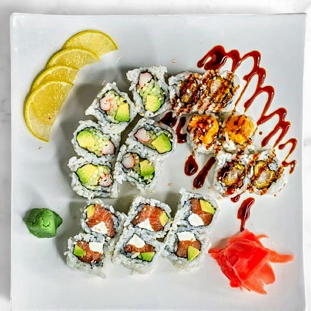 Assorted sushi roll platter with lemon at Sakura Teriyaki, a Japanese Restaurant in South Orange Village