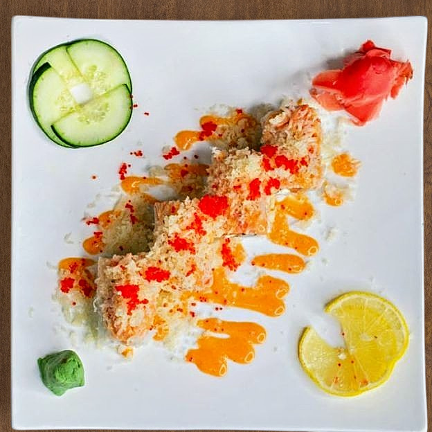 Spicy baked salmon roll with tobiko at Sakura Teriyaki, a Japanese Restaurant in South Orange Village