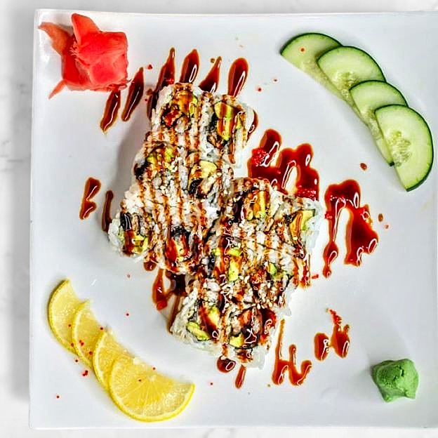 Eel avocado sushi roll with eel sauce at Sakura Teriyaki, a Japanese Restaurant in South Orange Village