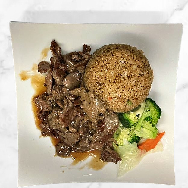 Beef teriyaki with fried rice and veggies at Sakura Teriyaki, a Japanese Restaurant in South Orange Village