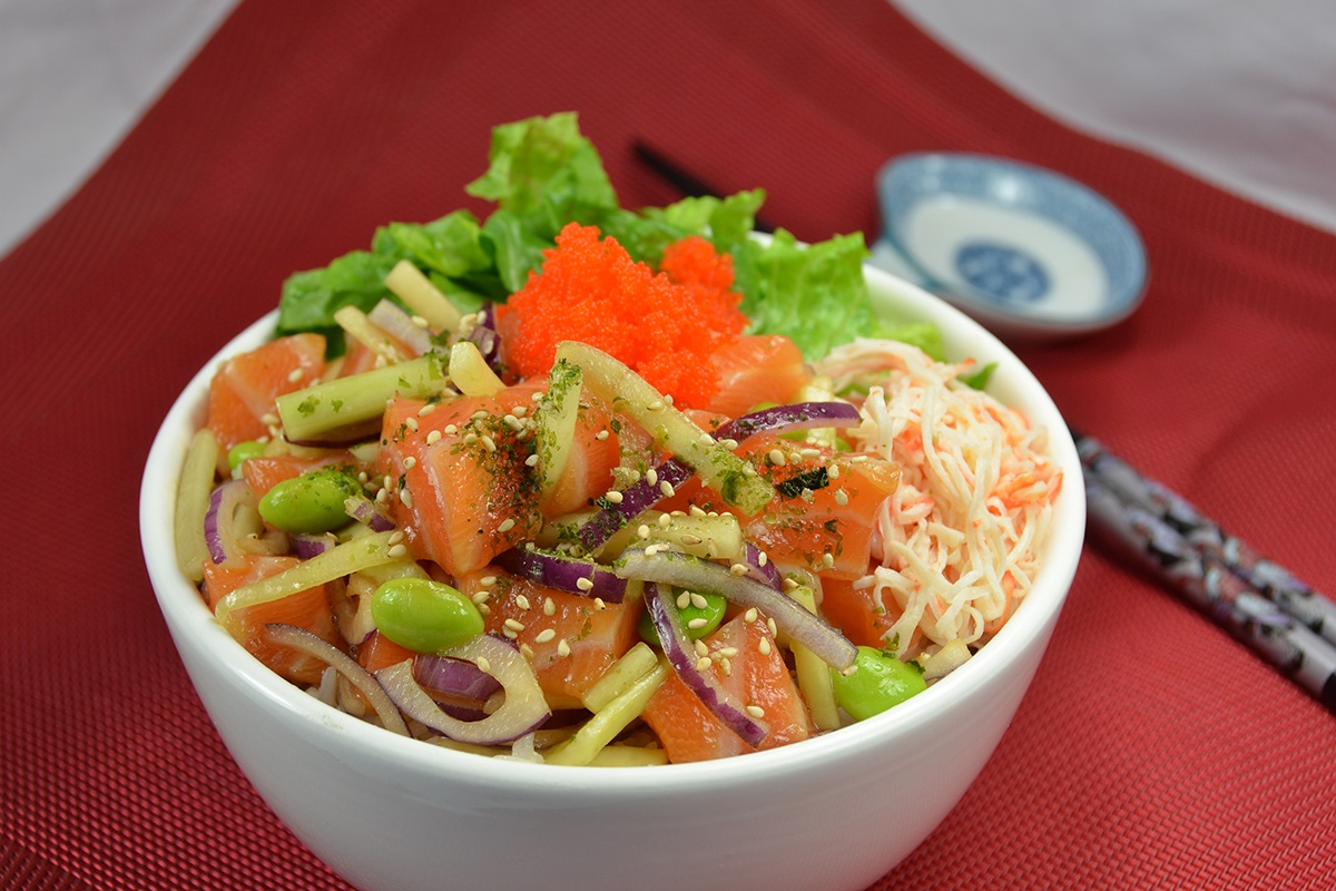 Fresh salmon poke bowl with edamame, crab, and tobiko at Sakura Teriyaki, a Japanese Restaurant in NJ