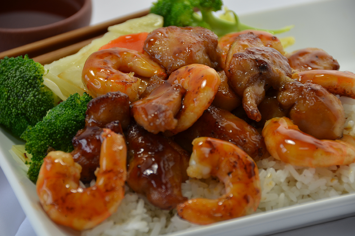 Shrimp and chicken teriyaki combo rice bowl at Sakura Teriyaki, a Japanese Restaurant in NJ