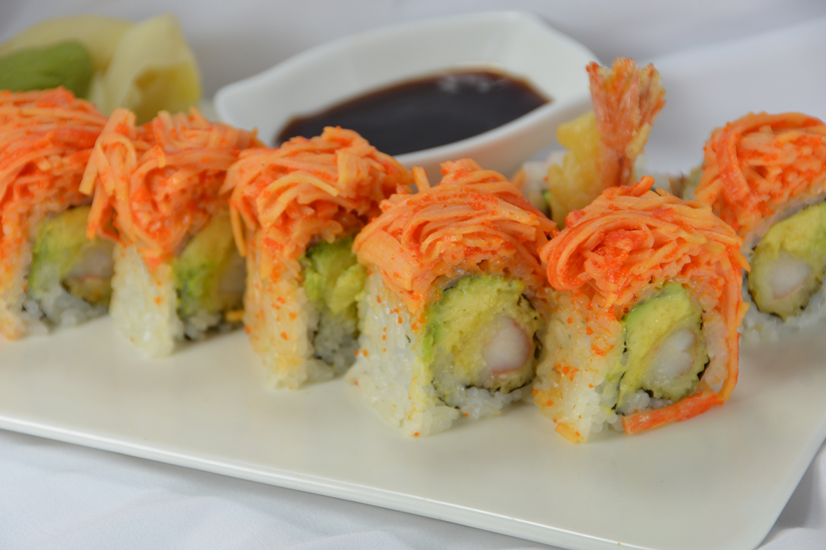 Shrimp tempura roll topped with spicy crab salad at Sakura Teriyaki, a Japanese Restaurant in NJ