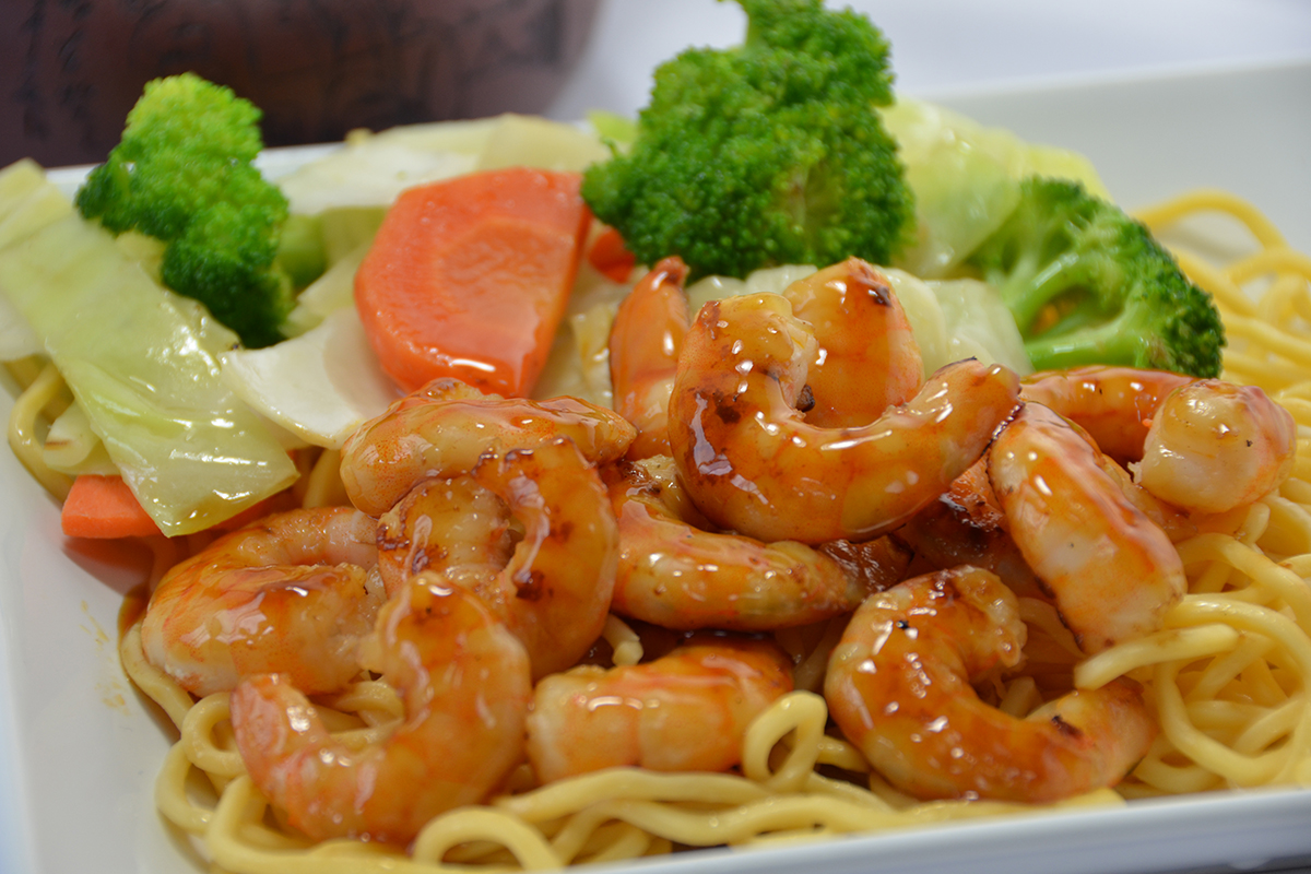 Shrimp teriyaki stir-fried noodles with vegetables at Sakura Teriyaki, a Japanese Restaurant in NJ