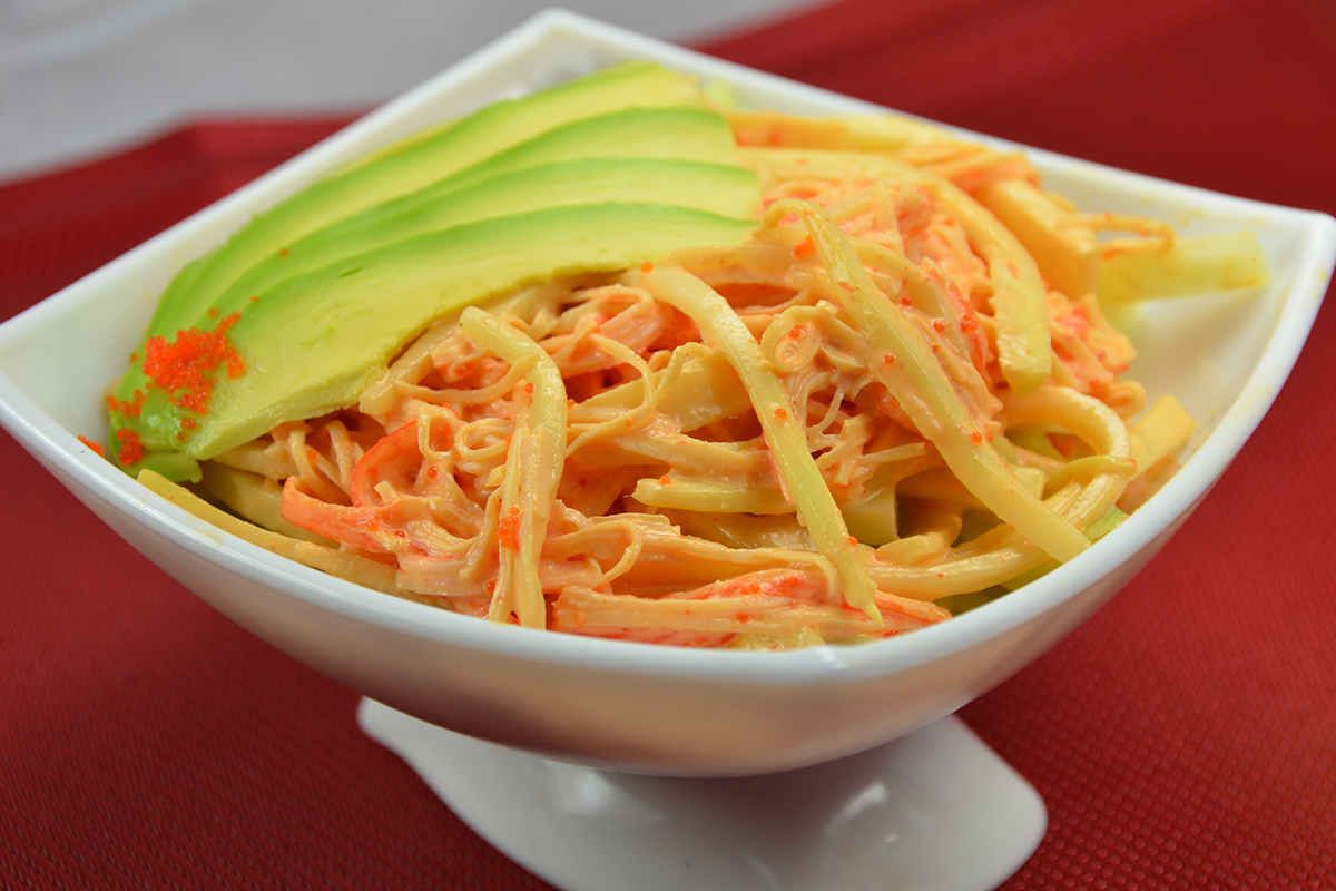 Spicy crab salad with avocado slices and tobiko at Sakura Teriyaki, a Japanese Restaurant in NJ