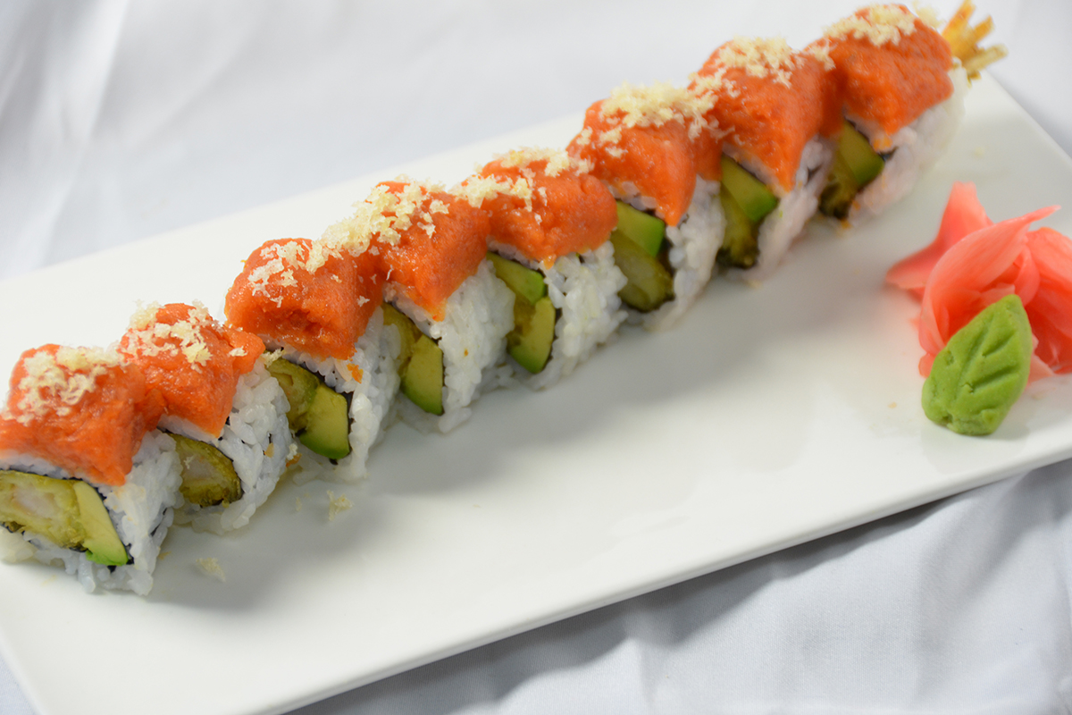 Spicy tuna sushi roll with tempura shrimp inside at Sakura Teriyaki, a Japanese Restaurant in NJ