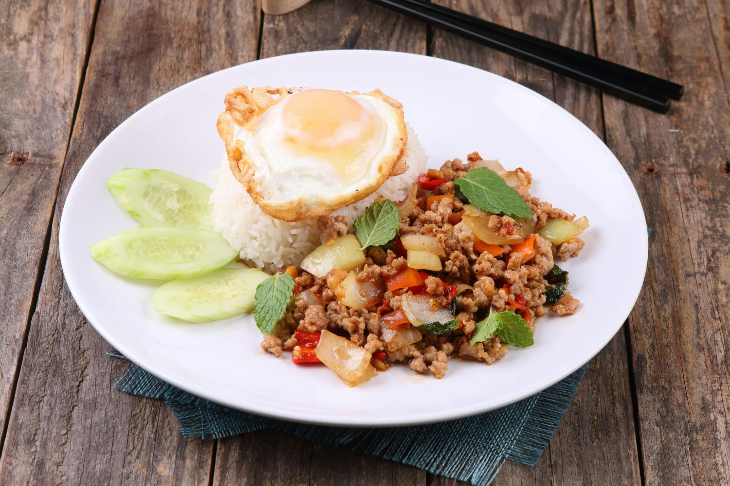 Thai basil stir-fry with minced pork and fried egg at Sam Bistro Thai Restaurant in Middletown