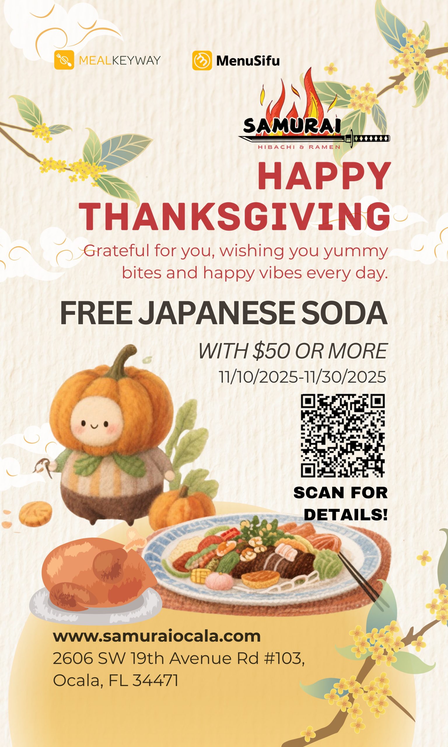 Thanksgiving ad for Samurai Hibachi & Ramen offering free Japanese soda with $50+ purchase, Nov 10–30, 2025.