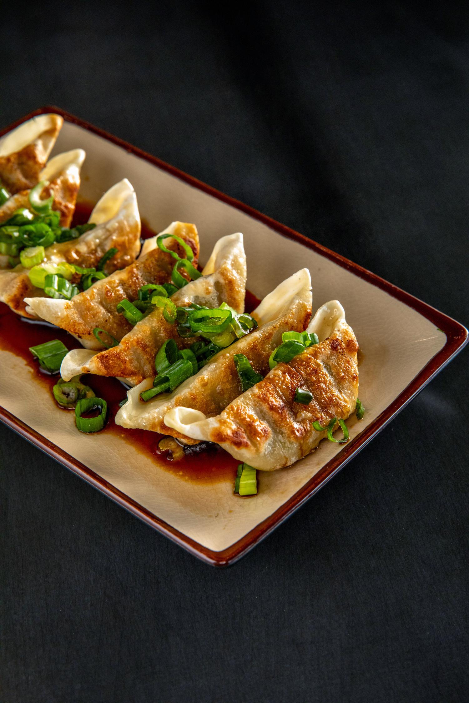 Pan-fried gyoza dumplings on a rectangular plate, garnished with chopped green onions and soy sauce.