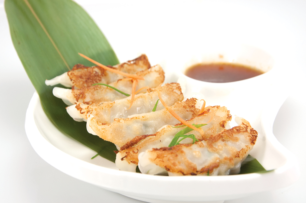 Crispy dumplings with dipping sauce at Sasa, a Japanese Restaurant in Farmingdale.