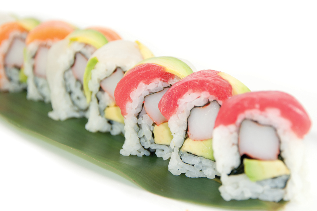 Rainbow-hued sushi roll with fresh fish at Sasa, a Japanese Restaurant in Farmingdale.