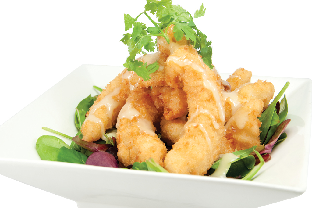 Crispy shrimp tempura with greens at Sasa, a Japanese Restaurant in Farmingdale.