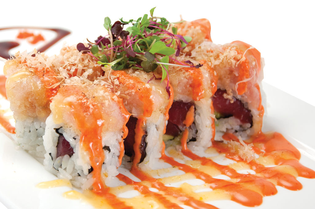 Sushi roll with Wagyu beef and sauces at Sasa, a Japanese Restaurant in Farmingdale.
