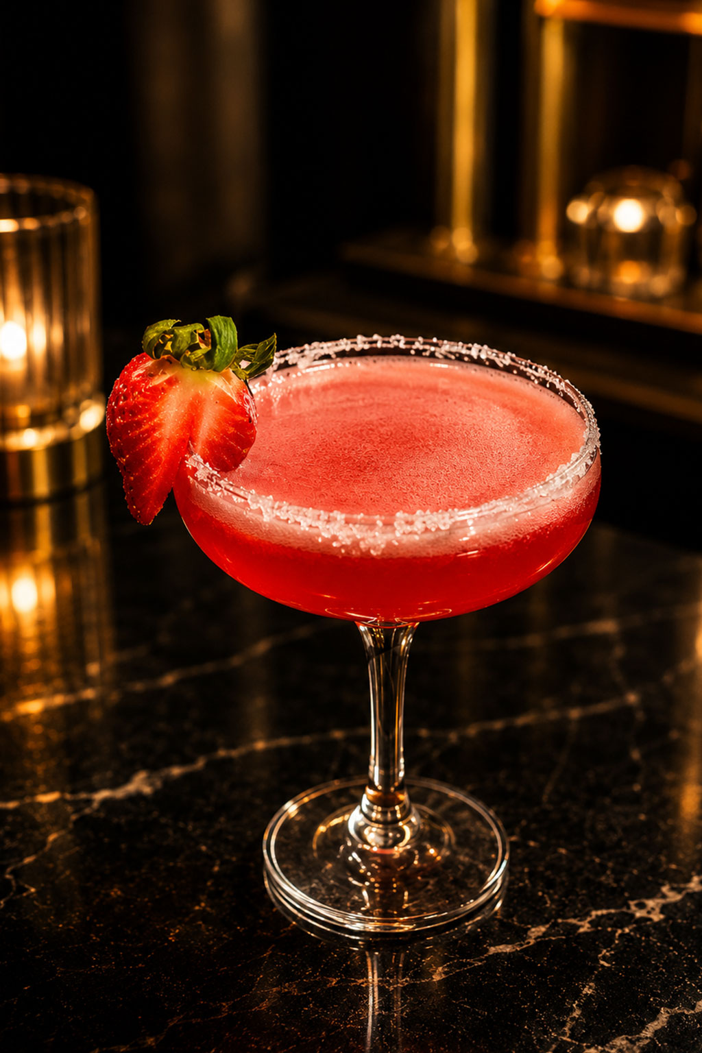 Pink strawberry cocktail with sugar rim and strawberry garnish on dark marble bar counter at Sat Asian Seafood Restaurant &Bar, a Asian Restaurant in Oklahoma City