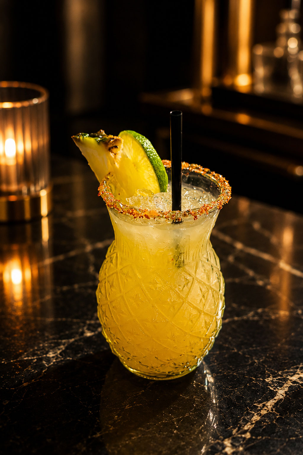 Pineapple glass tropical drink with chili rim, pineapple and lime garnish over crushed ice at Sat Asian Seafood Restaurant &Bar, a Asian Restaurant in Oklahoma City