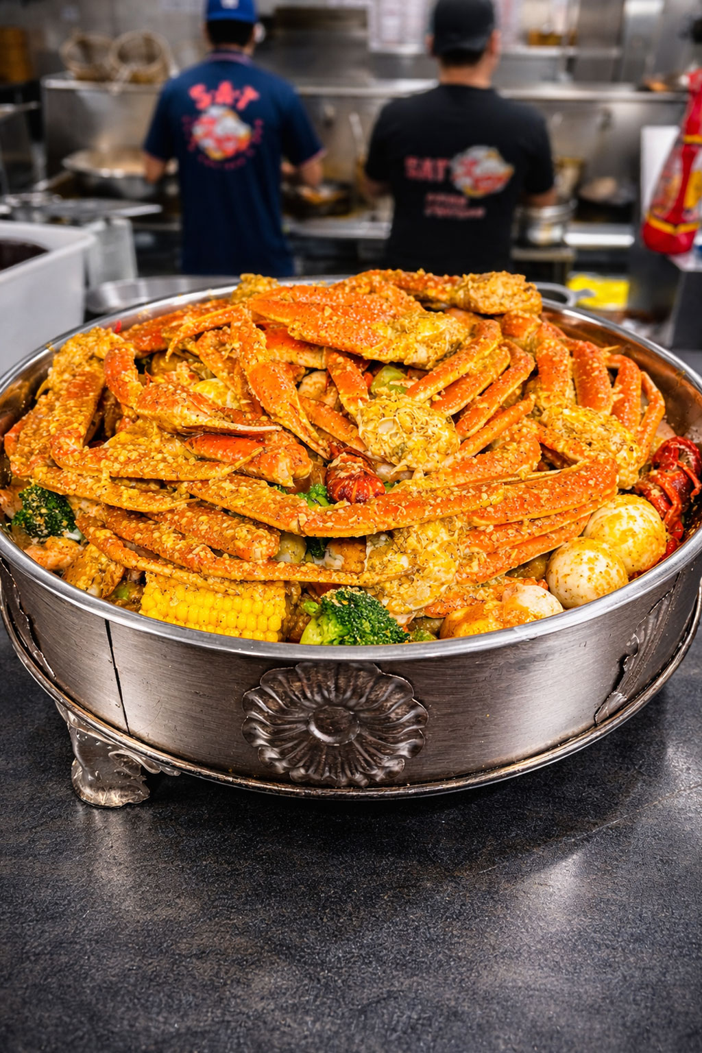Giant metal seafood boil pot loaded with garlic snow crab legs, corn, broccoli and crawfish in open kitchen at Sat Asian Seafood Restaurant &Bar, a Asian Restaurant in Oklahoma City