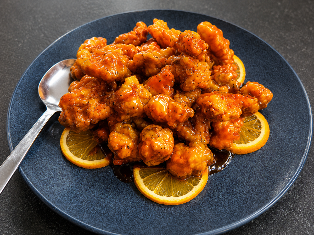 Orange chicken served with fresh orange slices at Savory Bun, a Chinese Restaurant in Roselle
