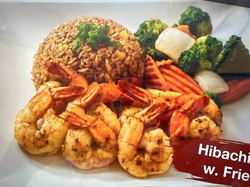 Hibachi shrimp platter with fried rice, mixed vegetables and grilled shrimp at Seafood&wings, a Seafood Restaurant in Greenville
