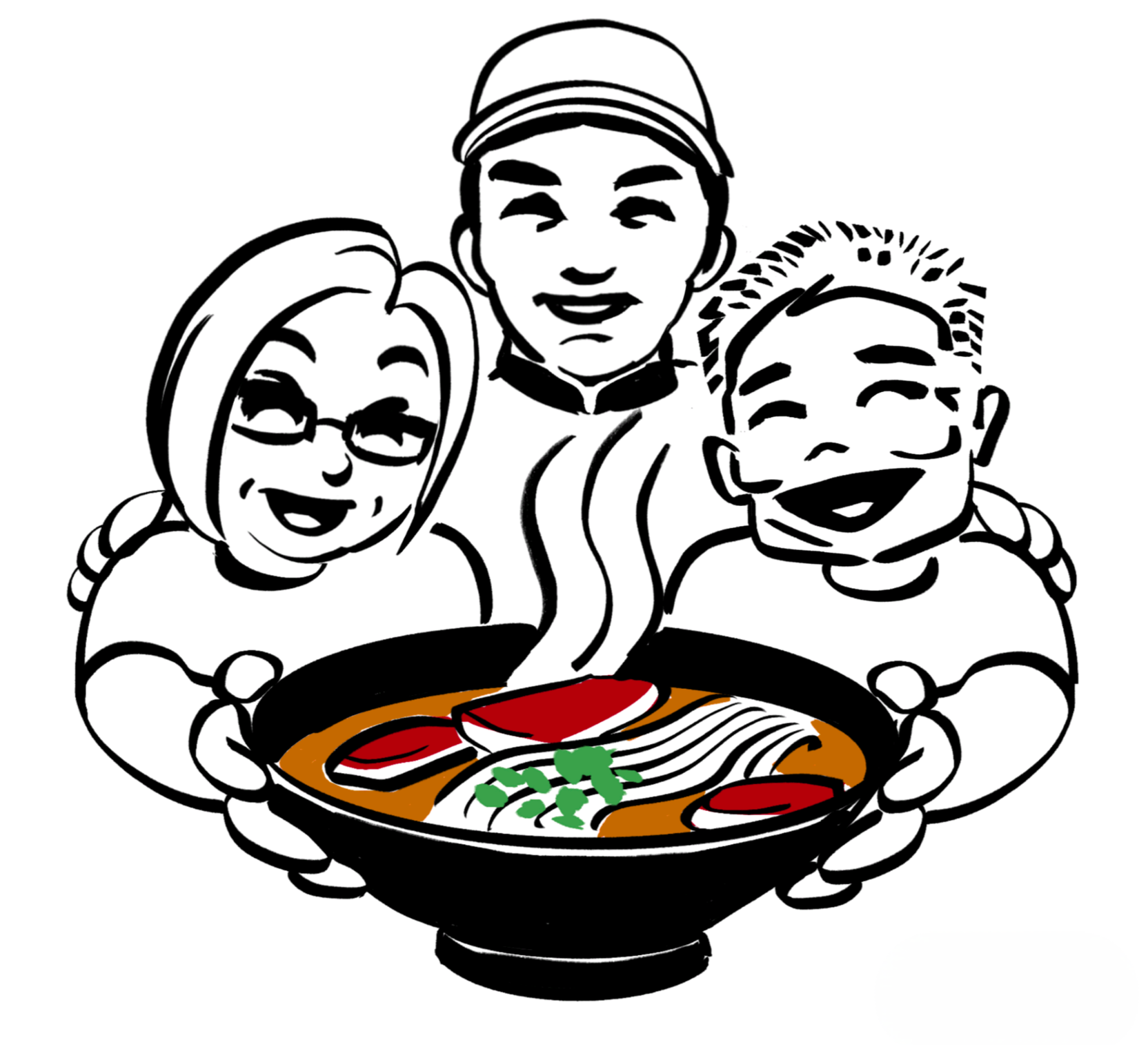 Seasons-Taiwanese-Eatery-Taiwanese-Restaurant-Logo-Honolulu Cartoon-style logo with three smiling characters holding a bowl of steaming noodle soup with vegetables and noodles at Seasons Taiwanese Eatery,a Taiwanese Restaurant in Honolulu