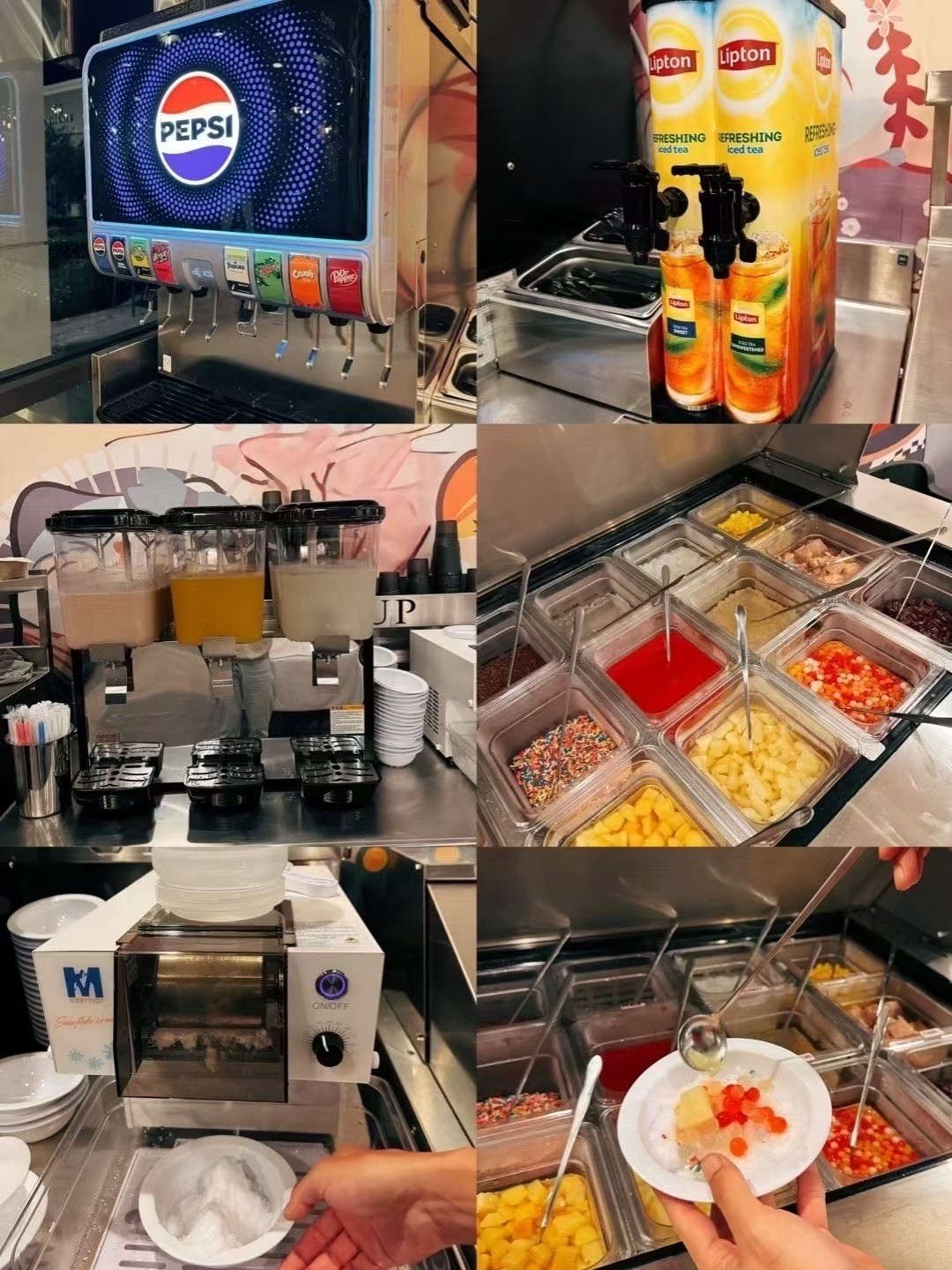 Beverage dispensers & topping bar for hot pot.