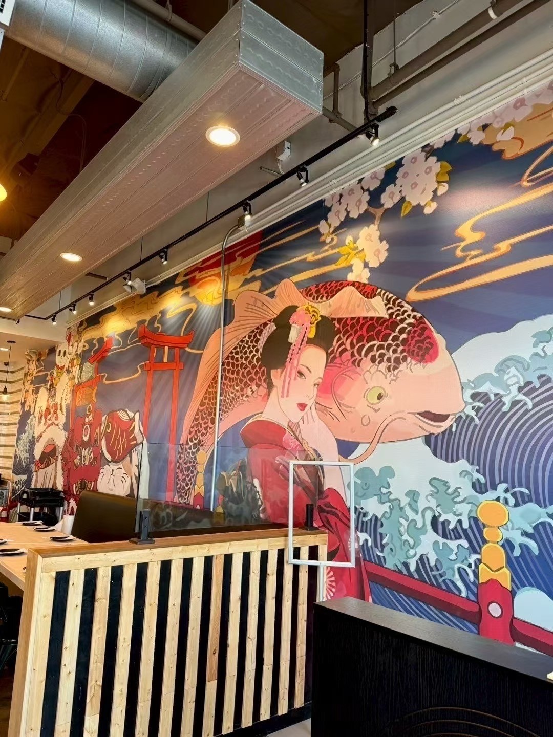 Japanese - themed mural in hot pot restaurant.