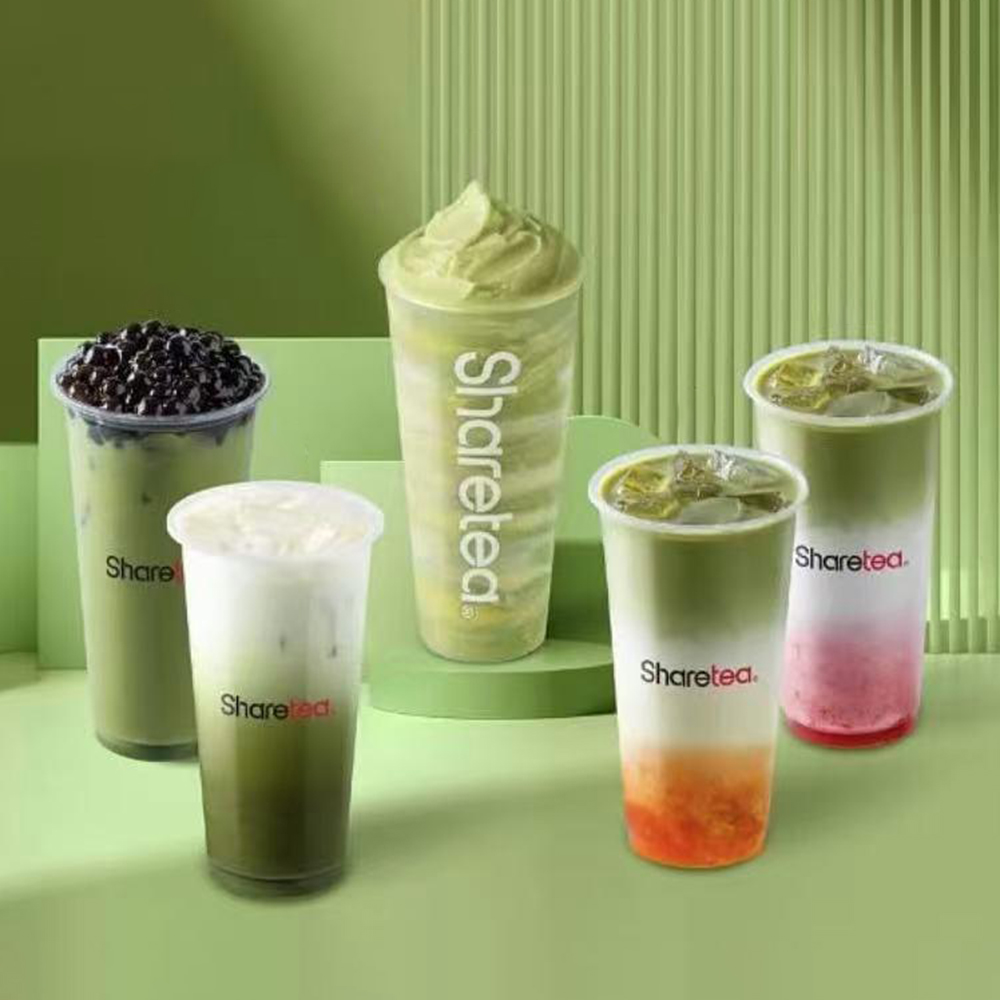 Assorted Sharetea matcha green tea drinks at Sharetea DC Chinatown Bubble Tea Store in Washington