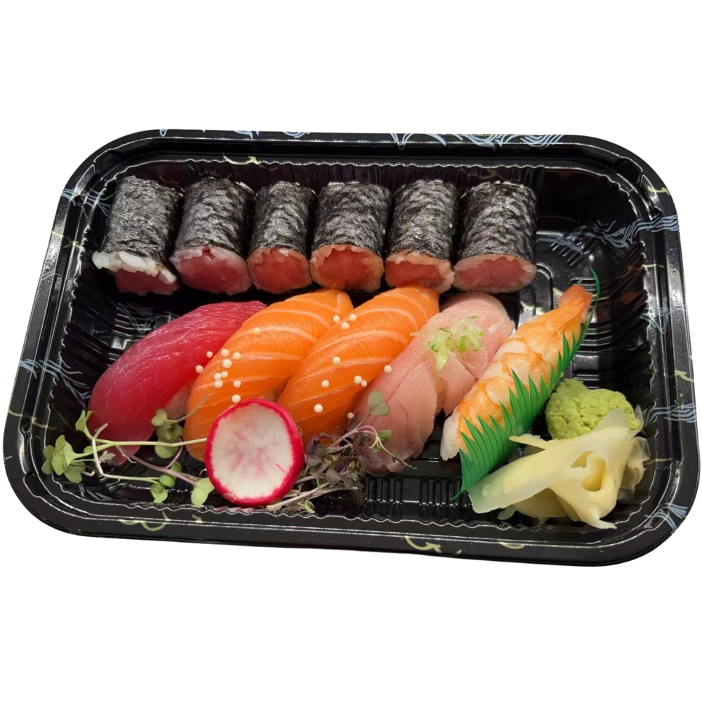 Assorted sushi with tuna, salmon, shrimp and radish.