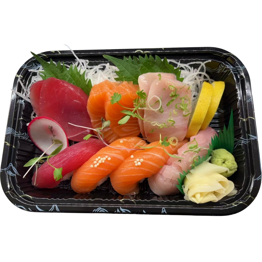 Combo of sushi and sashimi with tuna, salmon and radish.