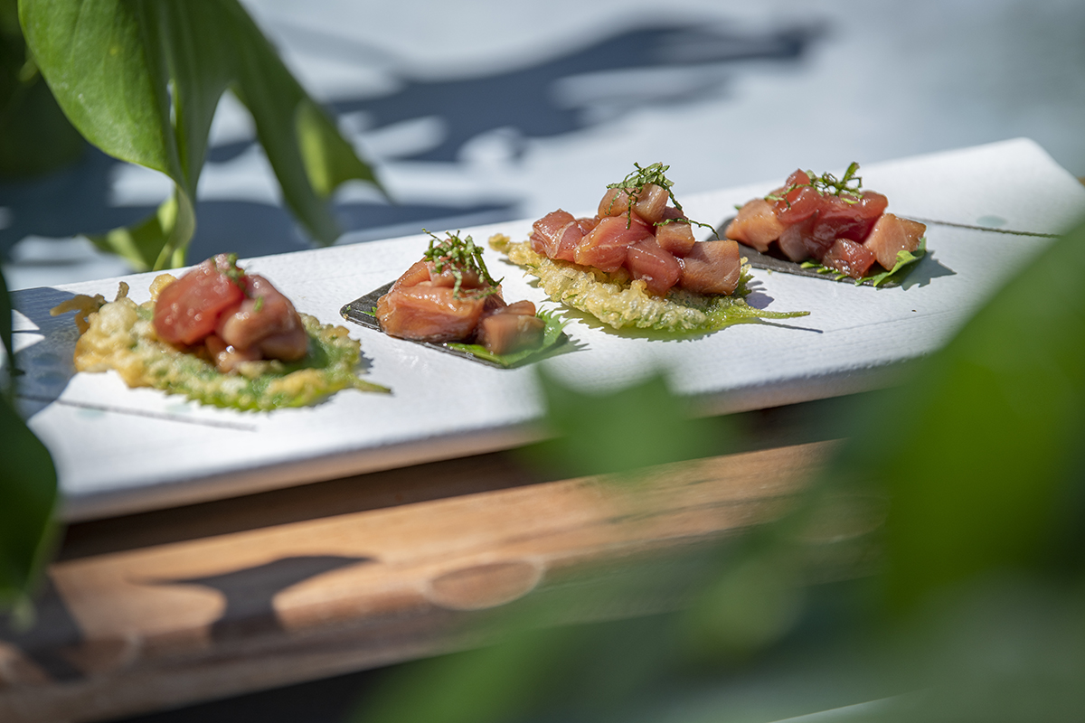 Tuna cubes served on crispy green leaf bases, garnished with herbs at Shiki Sushi，a Japanese Restaurant in Santa Rosa