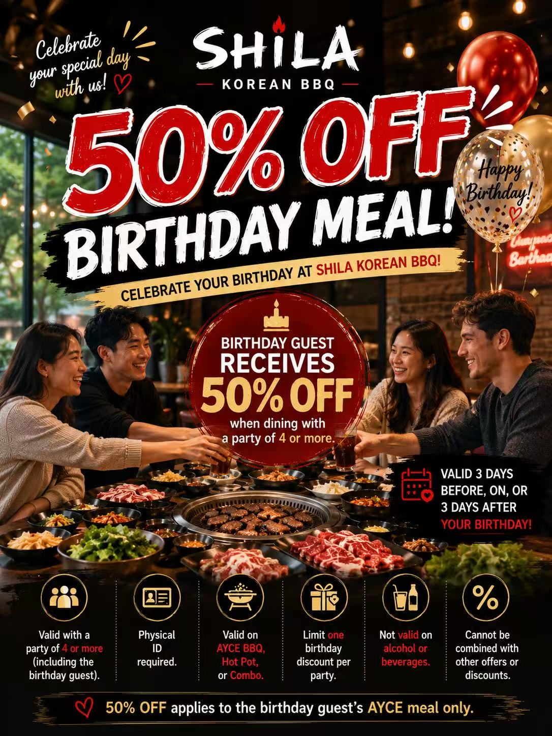 An promotional poster for Shila Korean BBQ advertising a birthday discount. The poster features a large bold title reading 