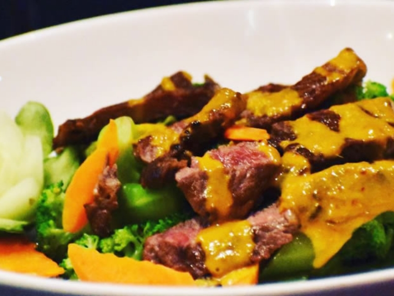 Steak and veggies with sauce at Shogun, a Japanese Steakhouse in Lancaster