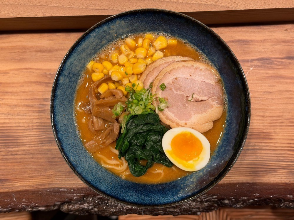 Creamy miso ramen with chashu, egg, corn, and greens at Shogun, a Japanese Restaurant in Rutherford.