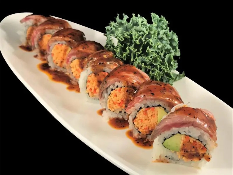 Beef-topped avocado spicy crab maki with savory glaze at Shoku Sushi & Bar, a Japanese Restaurant in Monroe