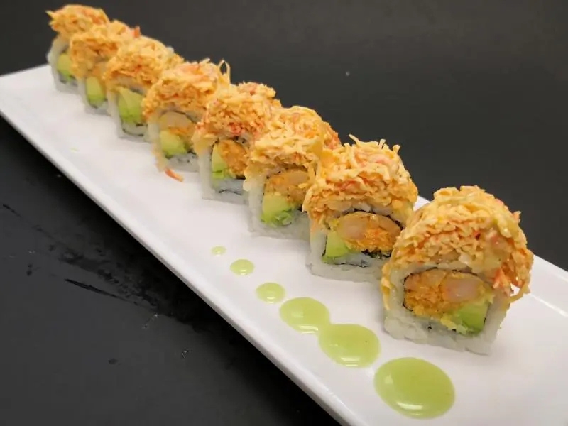 Crispy fried flake topped avocado shrimp sushi roll at Shoku Sushi & Bar, a Japanese Restaurant in Monroe