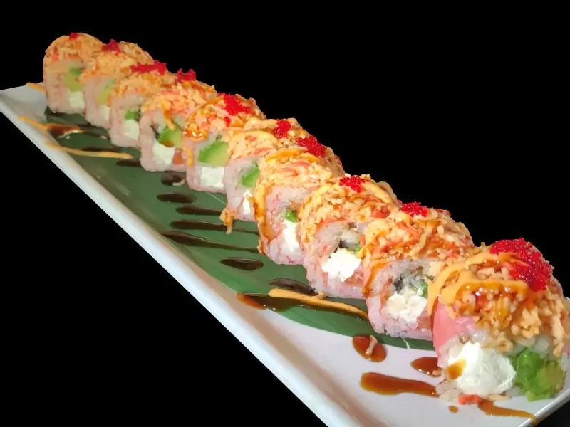 Crunchy topping sushi roll filled with cream cheese and avocado at Shoku Sushi & Bar, a Japanese Restaurant in Monroe