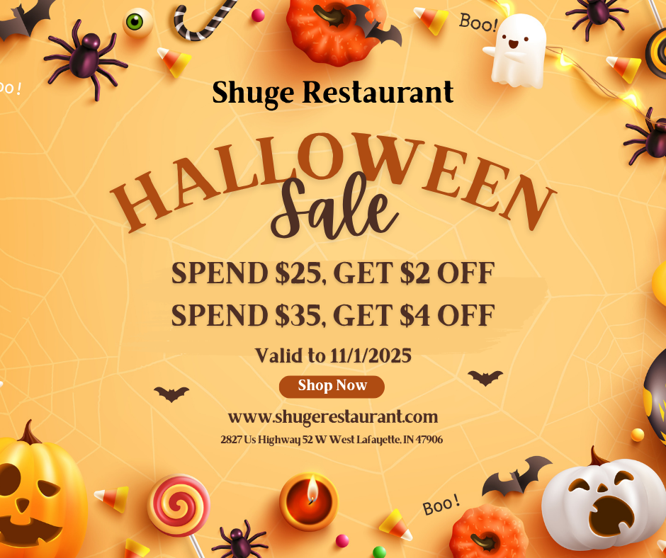 alt: Halloween sale poster for Shuge Restaurant, featuring orange background, pumpkins, spiders, ghosts, discount details: spend $25 get $2 off, $35 get $4 off, valid to 11/1/2025, website and address included.
title: Shuge Restaurant Halloween Sale Poster with Discounts and Festive Decorations.