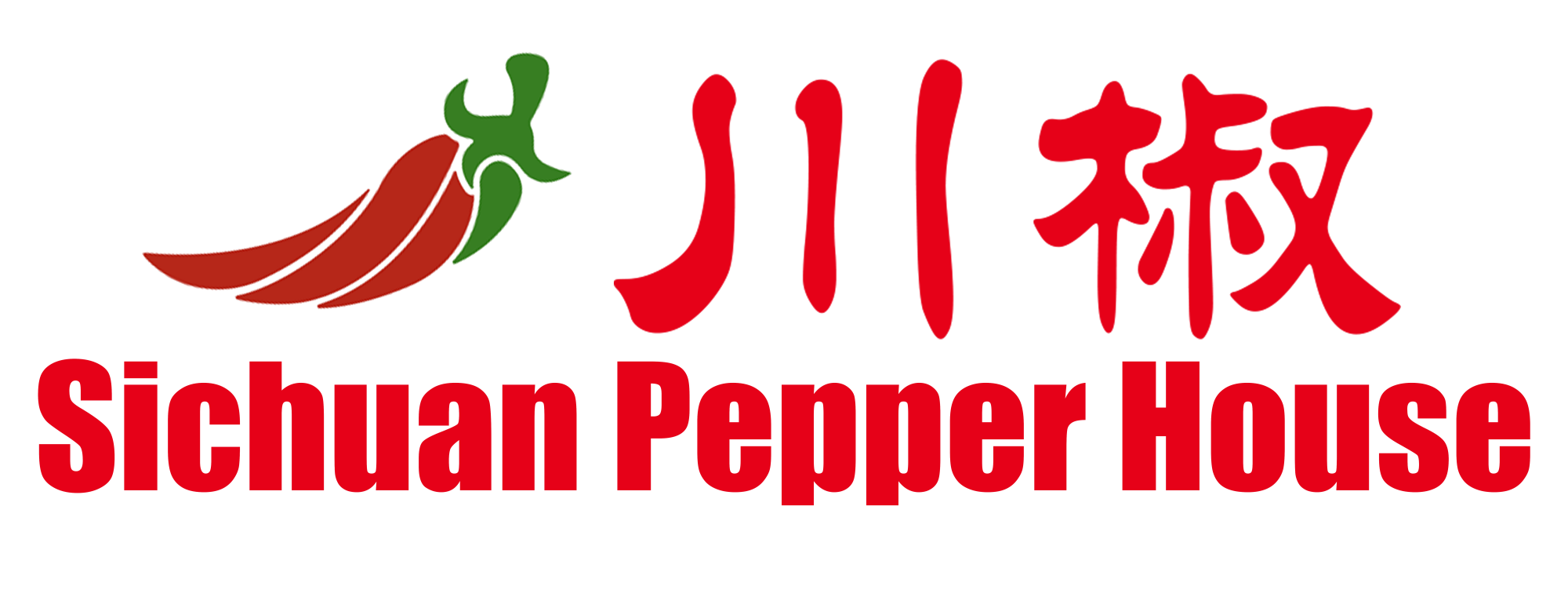 Logo of Sichuan Pepper House, featuring red Chinese characters "川椒", the English name "Sichuan Pepper House" in red, and a red chili pepper with a green stem graphic