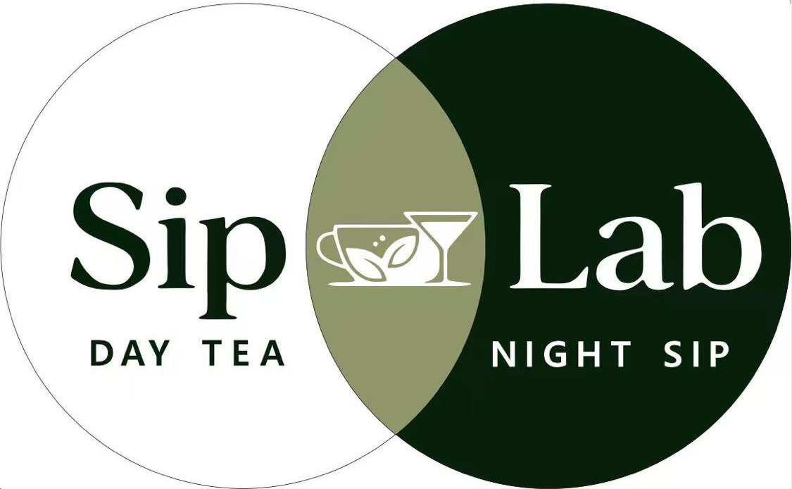 Sip Lab Venn diagram logo. Left white circle: Sip, DAY TEA. Right dark green circle: Lab, NIGHT SIP. Overlap area has white teacup and martini glass graphic.