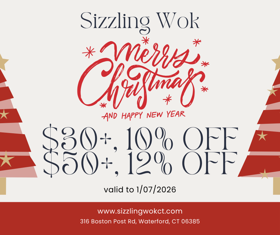 Sizzling Wok Christmas/New Year promo (holiday decor): $30+ = 10% off; $50+ = 12% off (valid to 1/7/2026). 