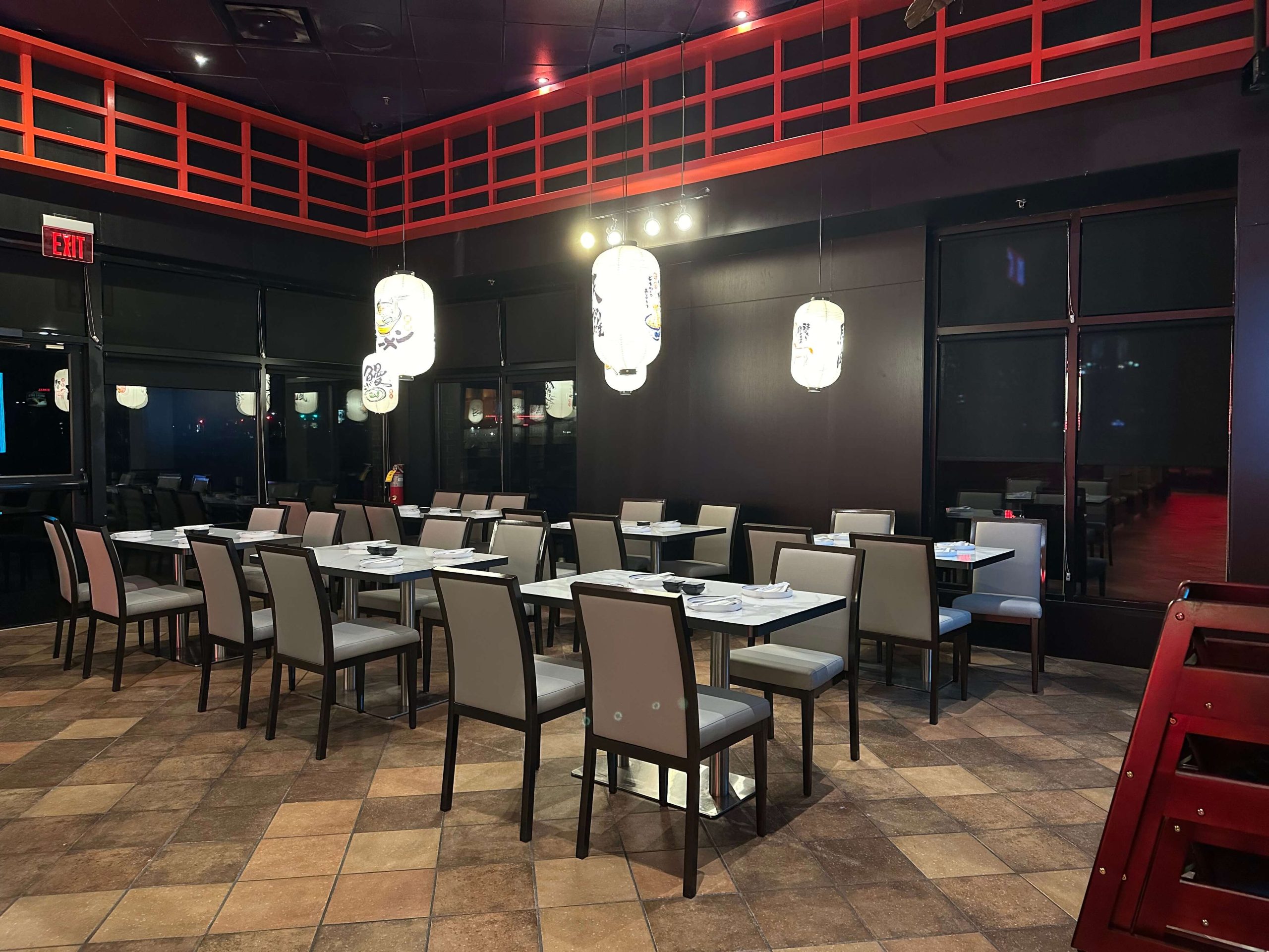 Sushi-Kingdom-Japanese-Restaurant-Dining-Area-2-Savannah Spacious dining area with red accents and Japanese decor at Sushi Kingdom, a Japanese Restaurant in Savannah