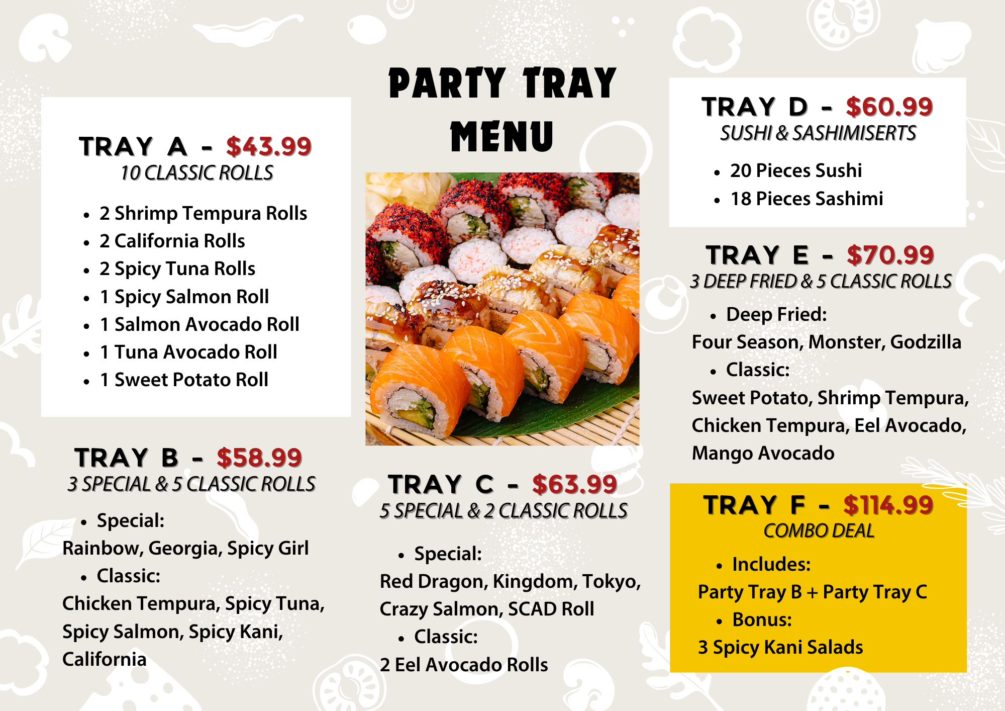 A restaurant party tray menu showcasing a variety of sushi and sashimi platters, including Tray A (10 classic rolls), Tray B (special & classic rolls), Tray C (special & classic rolls), Tray D (sushi & sashimi assortments), Tray E (deep fried & classic rolls), and Tray F (combo deal with bonus salads), with corresponding prices and a central photo of assorted sushi rolls.