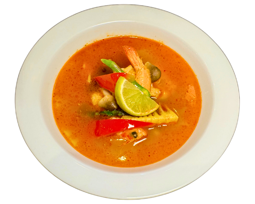 Spicy and sour Thai seafood Tom Yum soup with lime at SOHO Asian Fusion, a Asian Fusion Restaurant in Austin.