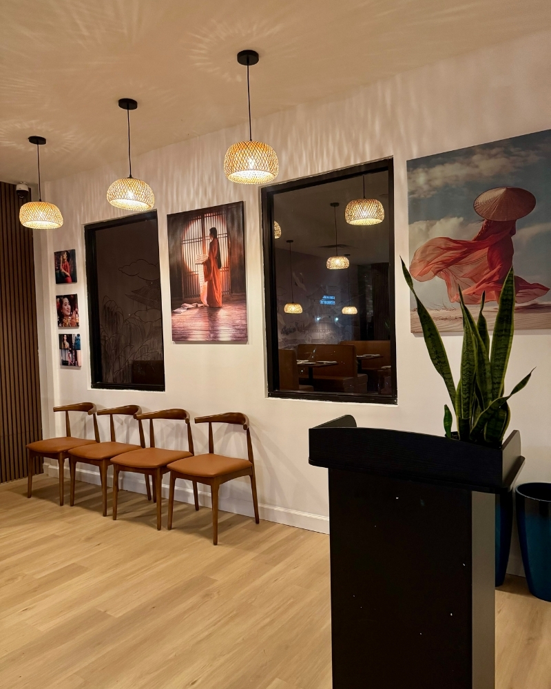Welcoming waiting area with modern seating and art at SOHO Asian Fusion, a Asian Fusion Restaurant in Austin.