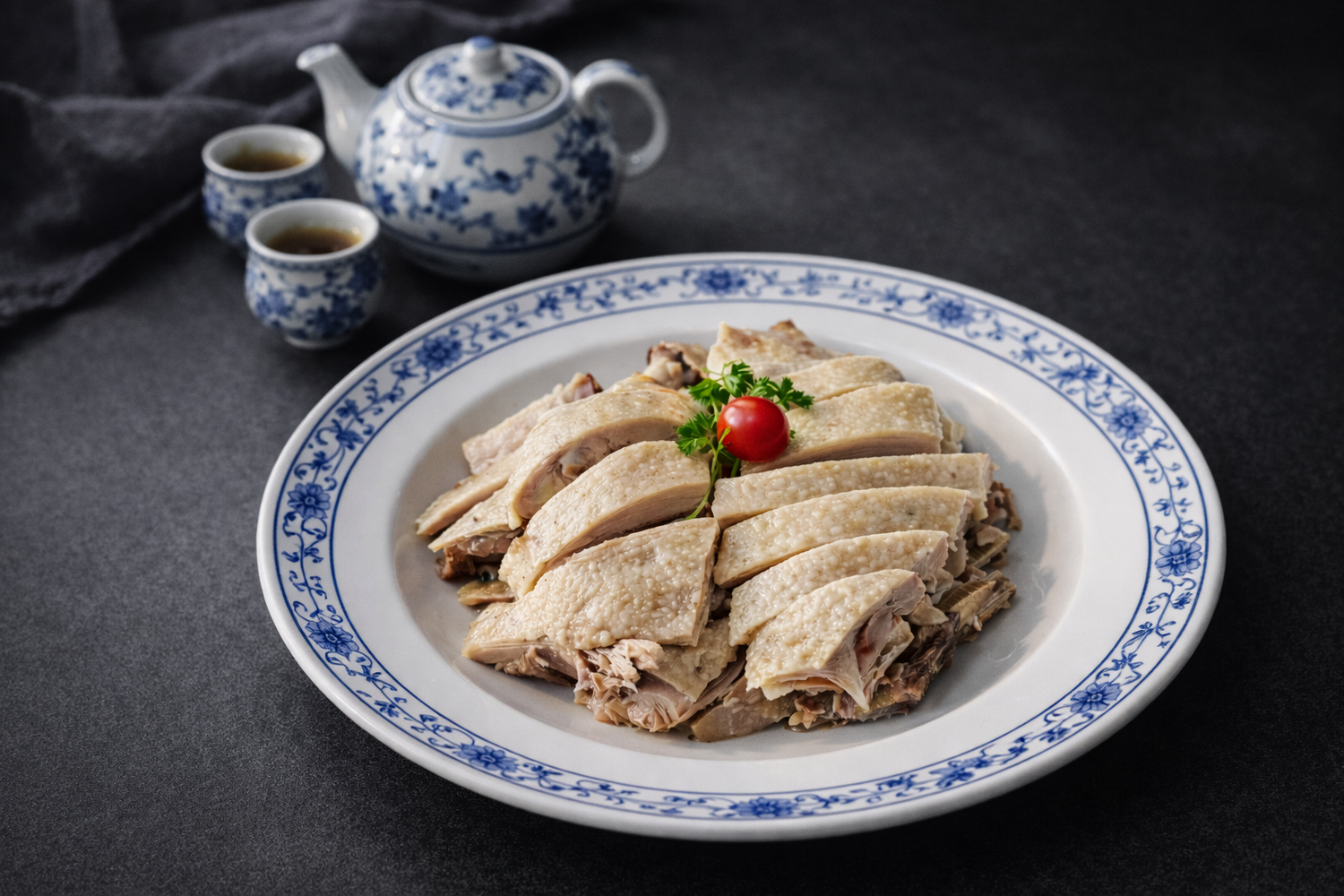 `Sliced poached chicken on a blue-and-white plate, served with a tea set`
