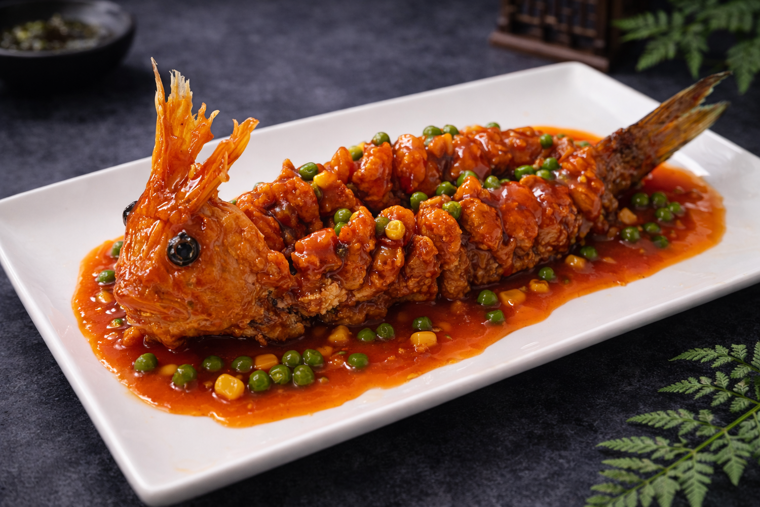 Sweet and sour crispy whole fish with peas and corn on a platter