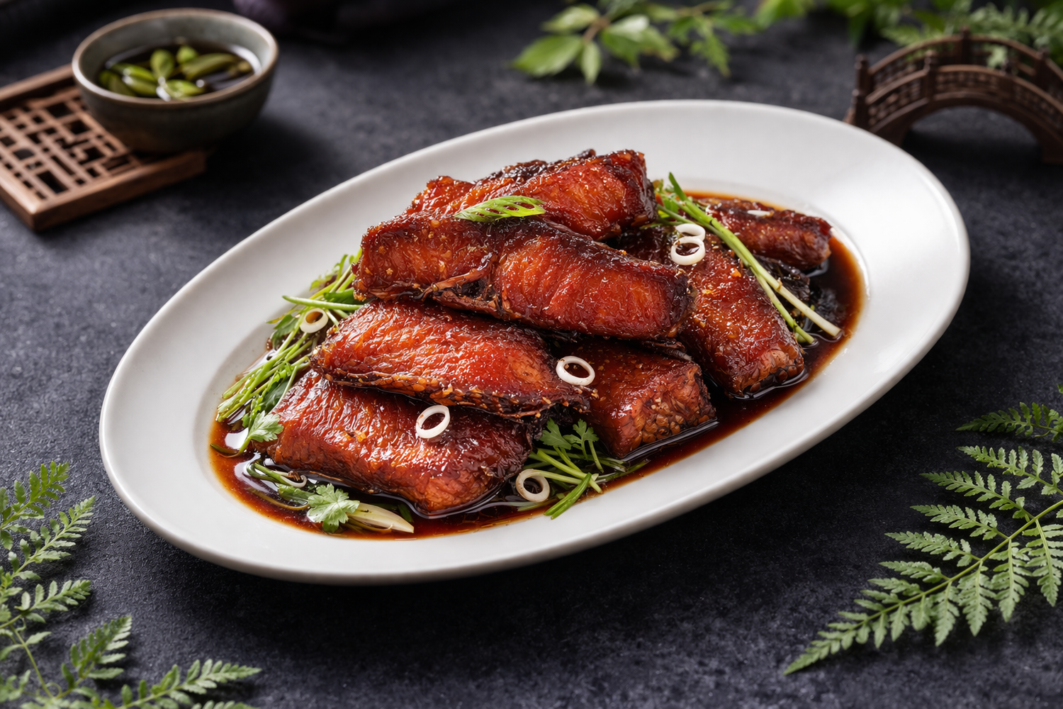 `Braised fish fillets in glossy soy sauce, garnished with herbs on a white plate`