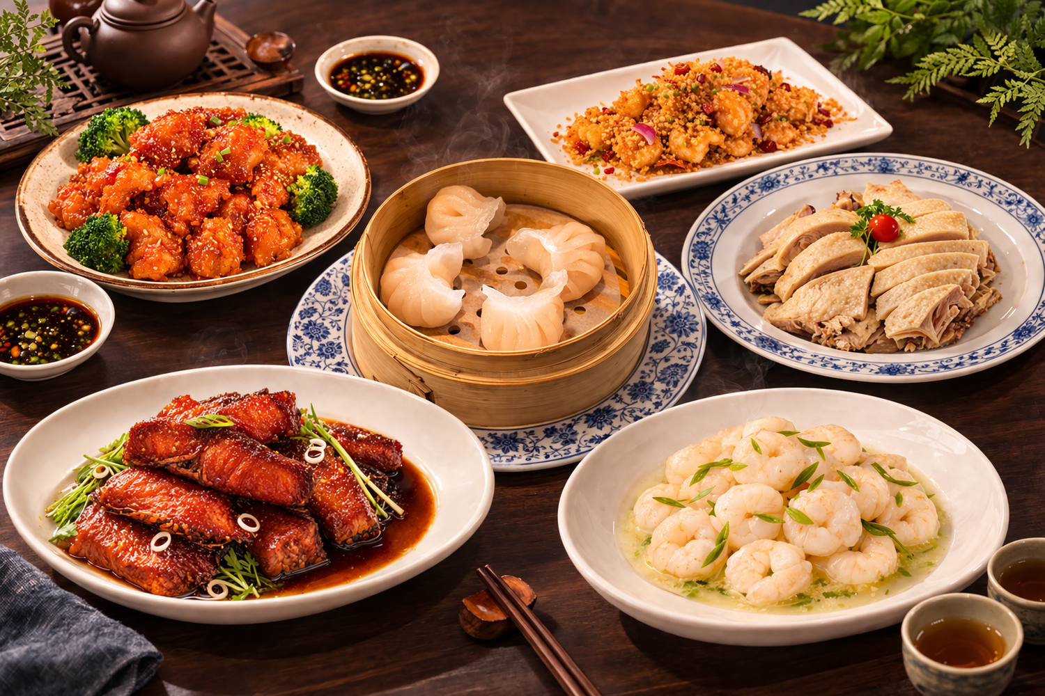 `Assortment of Chinese cuisine featuring dim sum, seafood, poultry, and tea`