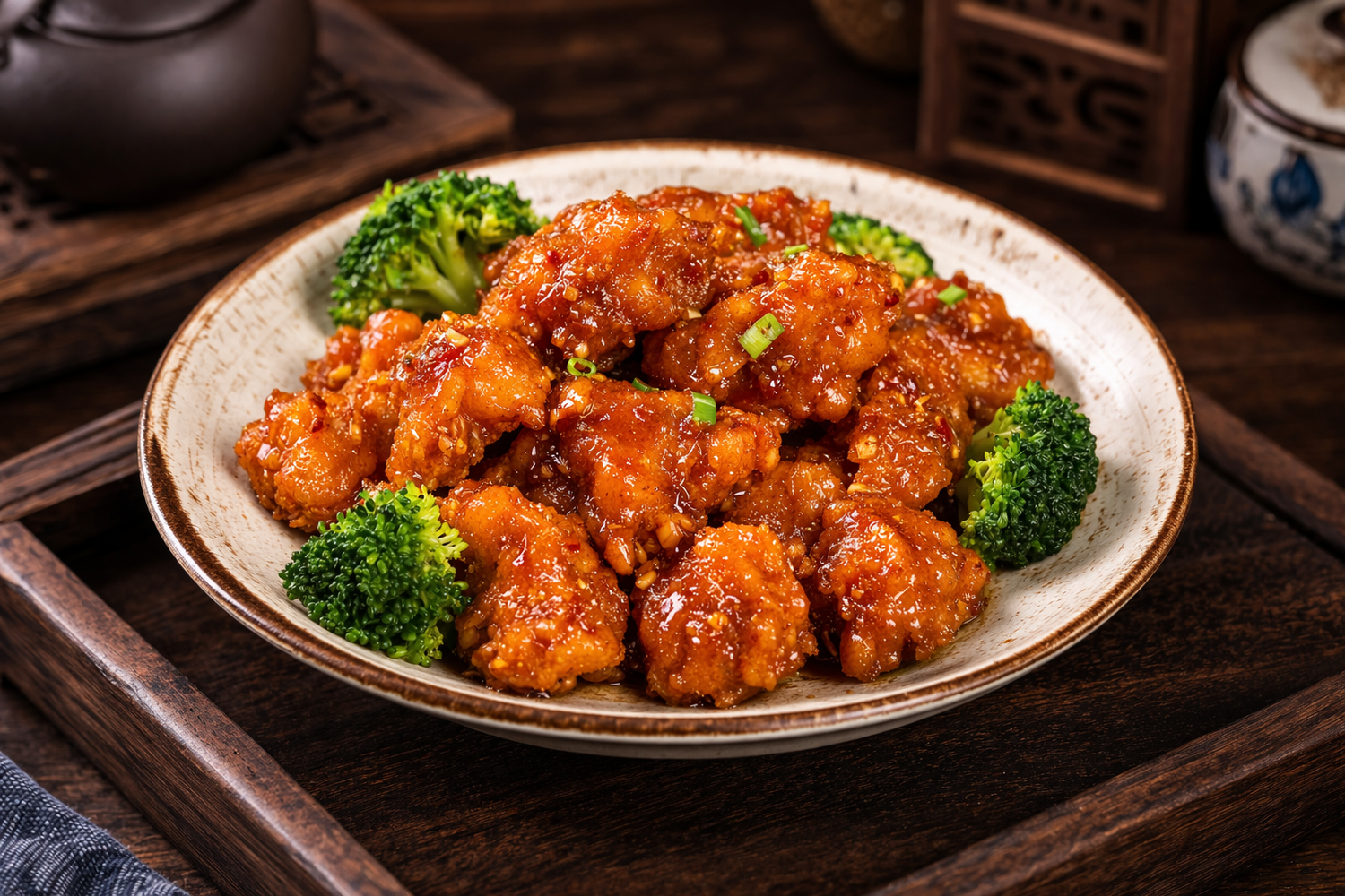 Spicy glazed fried chicken with broccoli in a rustic ceramic bowl