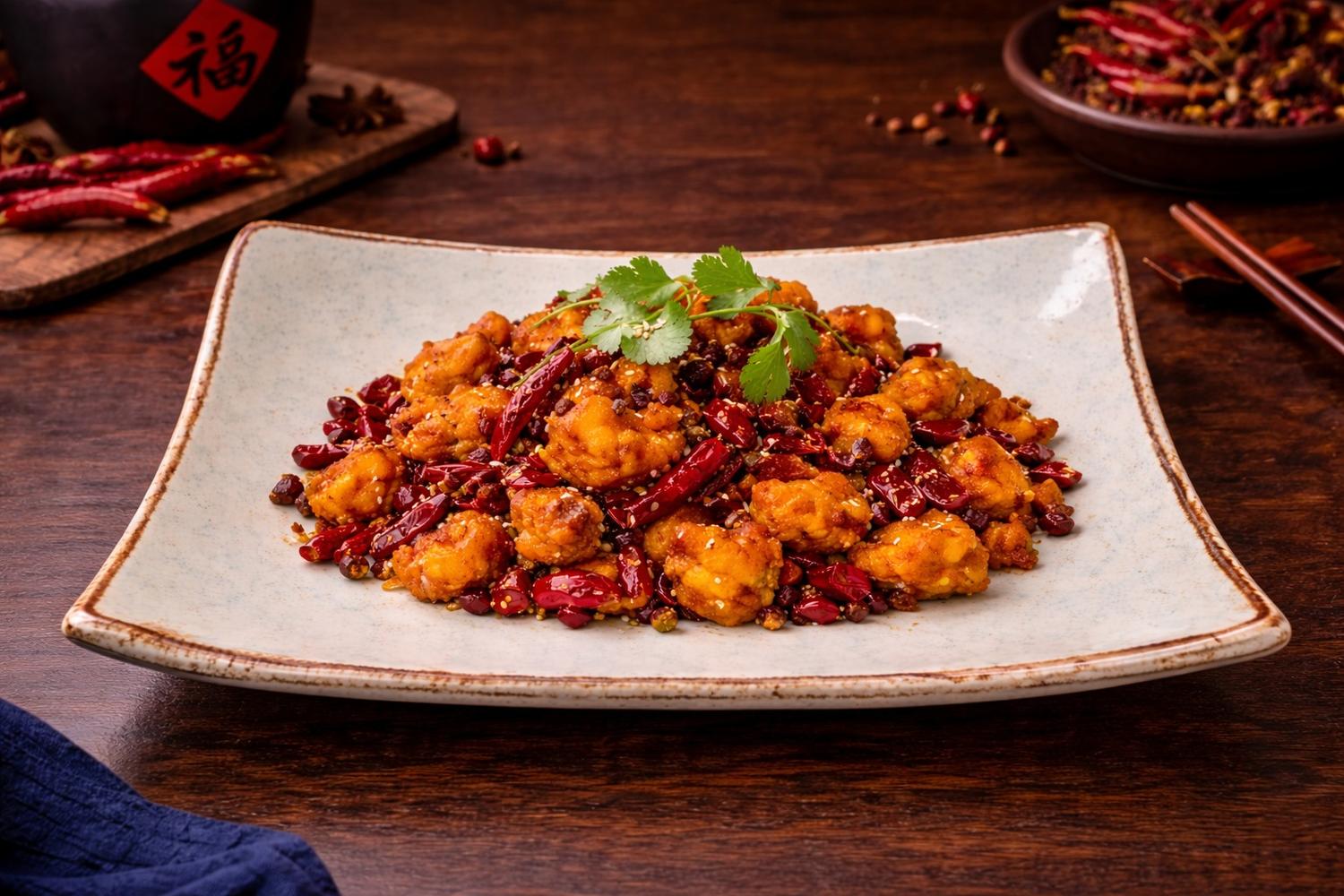 Spicy Sichuan-style chicken with dried red chilies on a ceramic plate at SoHo Asian Fusion, a Asian fusion restaurant in Austin
