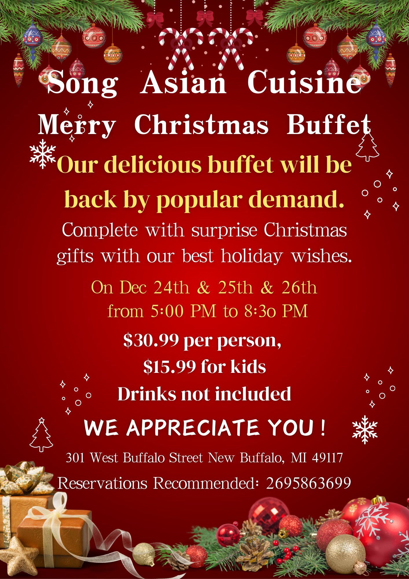 Crab N Go Seafood Promotion Title: Song Asian Cuisine Merry Christmas Buffet (Dec 24-26, 5-8:30 PM, New Buffalo MI)Alt: Red Christmas-themed flyer for Song Asian Cuisine’s buffet (Dec 24-26, 5-8:30 PM; $30.99/adult, $15.99/kid; 301 W Buffalo St; reservations 2695863699)